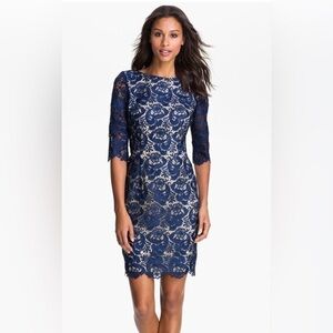 ELIZA J Embroidered Overlay Sheath Lace Blue, Size 6